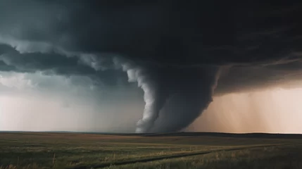 Fotobehang Nature's Fury: A Tornado Funnel Forming Over a Wide Open Plai, generative AI © Stockerl