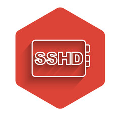 White line SSHD card icon isolated with long shadow background. Solid state drive sign. Storage disk symbol. Red hexagon button. Vector