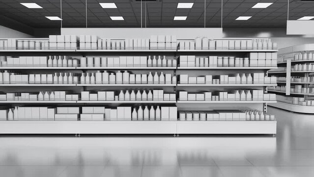Trading floor of a supermarket. Parallel panning. 3d animation