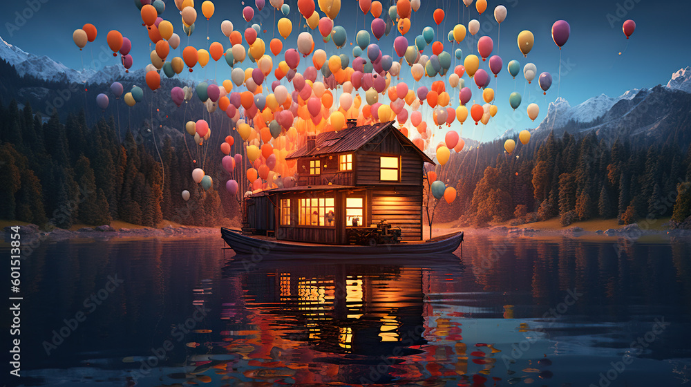 Poster a tiny house floating on top of a lake surrounded by balloons. generative ai.