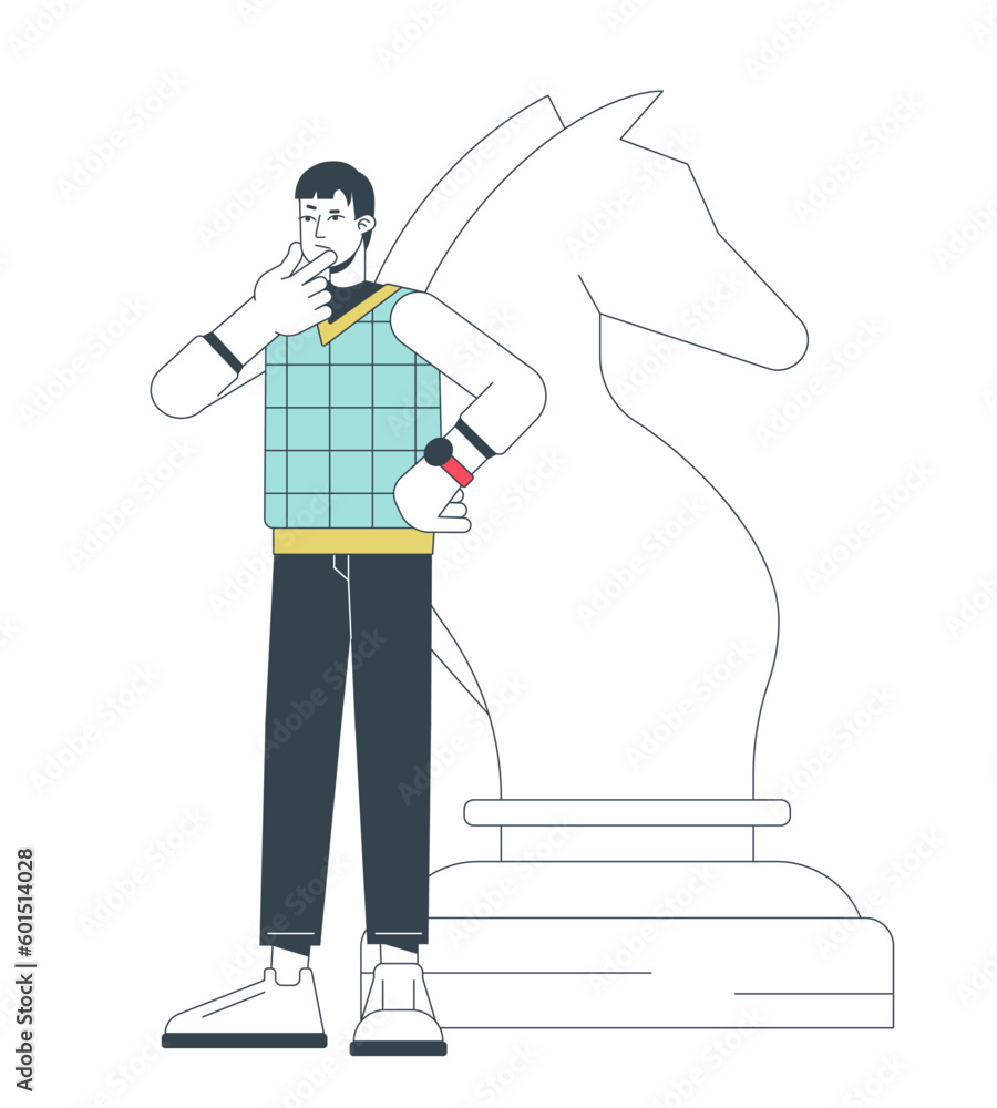 Poster strategic management flat line concept vector spot illustration. chess move 2d cartoon outline chara