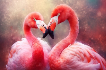 Romantic two pink flamingo in watercolor Generative AI