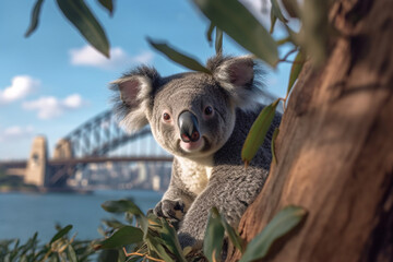Koala on a branch with Sydney harbour bridge background Generative AI - obrazy, fototapety, plakaty