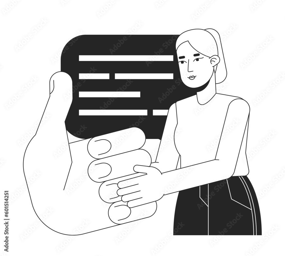 Aufkleber getting feedback bw concept vector spot illustration. thumb up 2d cartoon flat line monochromatic ch