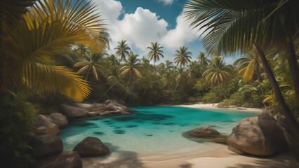 Plakat Beautiful jungle beach lagoon. Generative AI