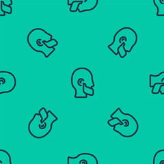 Blue line Mustache and beard icon isolated seamless pattern on green background. Barbershop symbol. Facial hair style. Vector