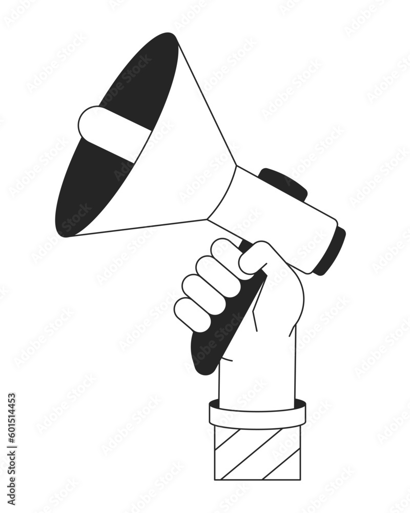 Poster holding megaphone bw concept vector spot illustration. loudspeaker 2d cartoon flat line monochromati