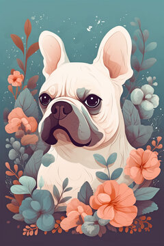 White cartoon style French Bulldog dog with flowers.  Generative AI illustration
