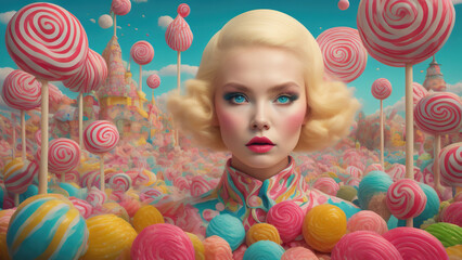 blond woman in candy land. Generative AI