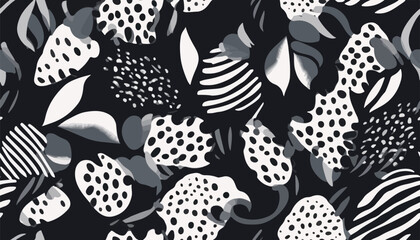 Hand drawn tropical abstract organic shapes pattern. Collage contemporary print. Fashionable template for design. Modern ethnic style.