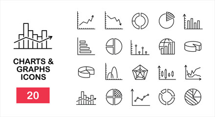 Set of outline vector icons such as charts, diagram and graphs. Business data design elements for web, mobile apps, finance analysis, ui design, presentation, report. Vector illustration