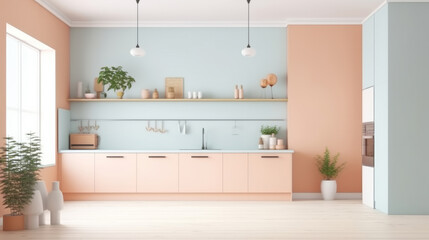 Fototapeta premium Modern kitchen in pastel colors. Illustration AI Generative.