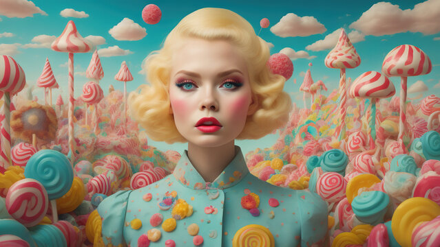 Naklejki blond woman in candy land. Generative AI