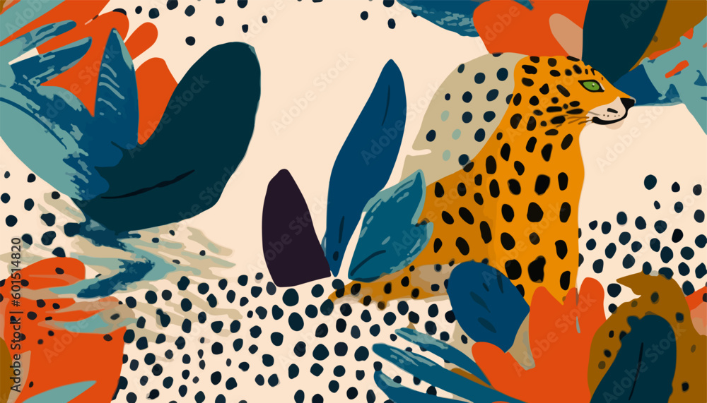 Poster exotic minimal abstract pattern with dots and leopards. collage seamless pattern. fashionable templa