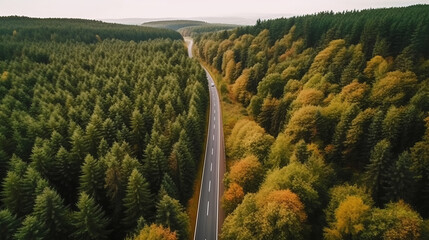 Fototapeta premium Aerial view on forest road. Illustration AI Generative