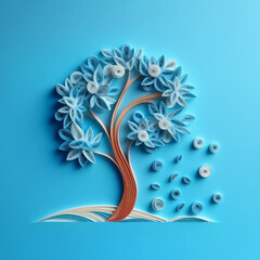 Minimalist lonely tree paper quill on blue background Generative AI