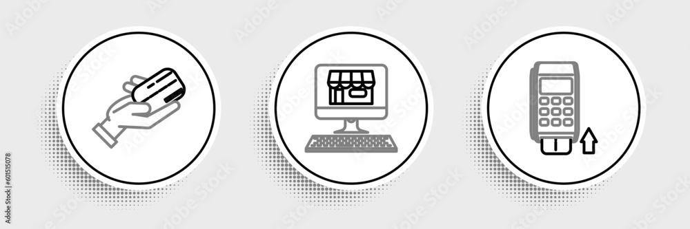 Poster set line pos terminal with inserted credit card, human hand holding and shopping building on screen 