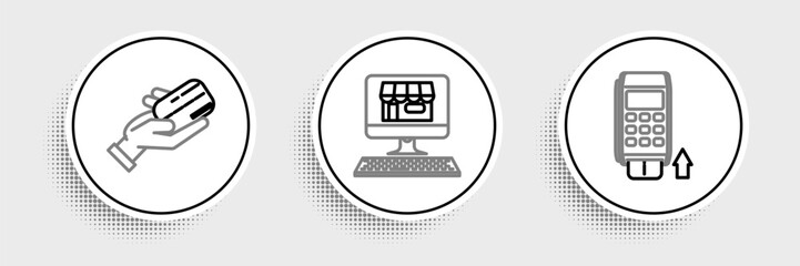 Set line Pos terminal with inserted credit card, Human hand holding and Shopping building on screen computer icon. Vector