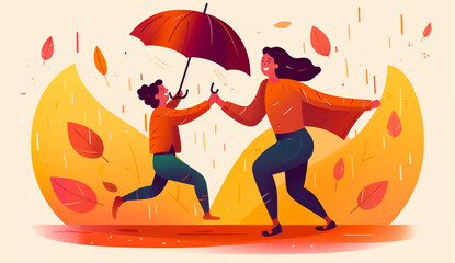 Happy Mother's Day illustration of a mother and child dancing in the rain. Mother's day background concept.