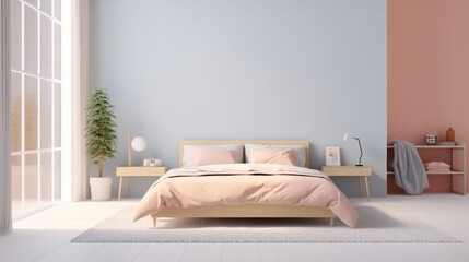 Minimalist bedroom in pastel colors. Illustration AI Generative.