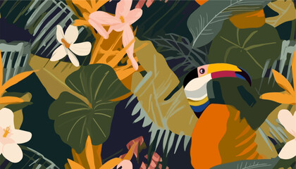 Hand drawn exotic conceptual abstract botanical print. Creative collage contemporary seamless pattern with toucan bird. Fashionable template for design © Eli Berr