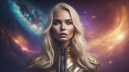 Portrait of a beautiful blonde woman in a golden suit against the background of the galaxy. Generative AI