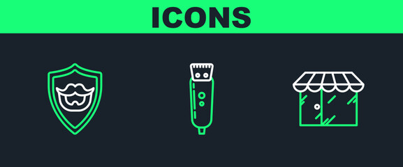 Set line Barbershop building, Mustache and beard on shield and Electrical hair clipper or shaver icon. Vector