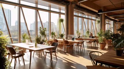 Bright co-working office space with wooden elements
