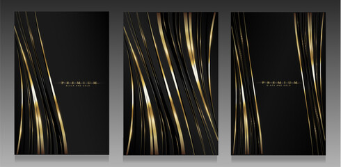 Black and gold luxury cover set. Wavy stripe pattern, gold and shimmering lines on dark background. Elegant metallic effect background for invitations, flyers, packaging, elite collection.