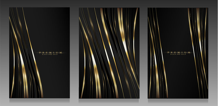 Black and gold luxury cover set. Wavy stripe pattern, gold and shimmering lines on dark background. Elegant metallic effect background for invitations, flyers, packaging, elite collection.