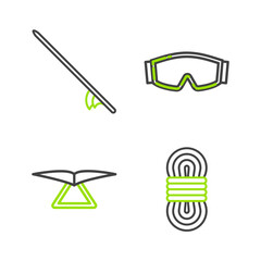 Set line Climber rope, Hang glider, Ski goggles and Surfboard icon. Vector