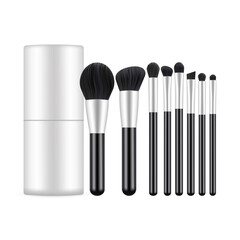 Set of Makeup Brushes With Packaging Box Mockup, Isolated on White Background. Vector Illustration