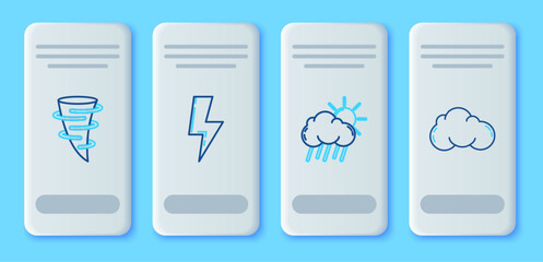 Set line Lightning bolt, Cloud with rain and sun, Tornado and icon. Vector