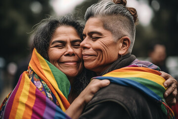 Elderly white lesbian couple hugging wrapped in pride flag - Generative AI - obrazy, fototapety, plakaty