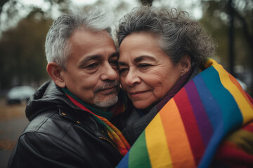 Heterosexual middle aged white couple hugging wrapped in pride flag - Generative AI - obrazy, fototapety, plakaty