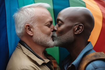 lgbtq, interracial gay couple kissing in front of pride flag. 2 middle aged men - Generative AI - obrazy, fototapety, plakaty