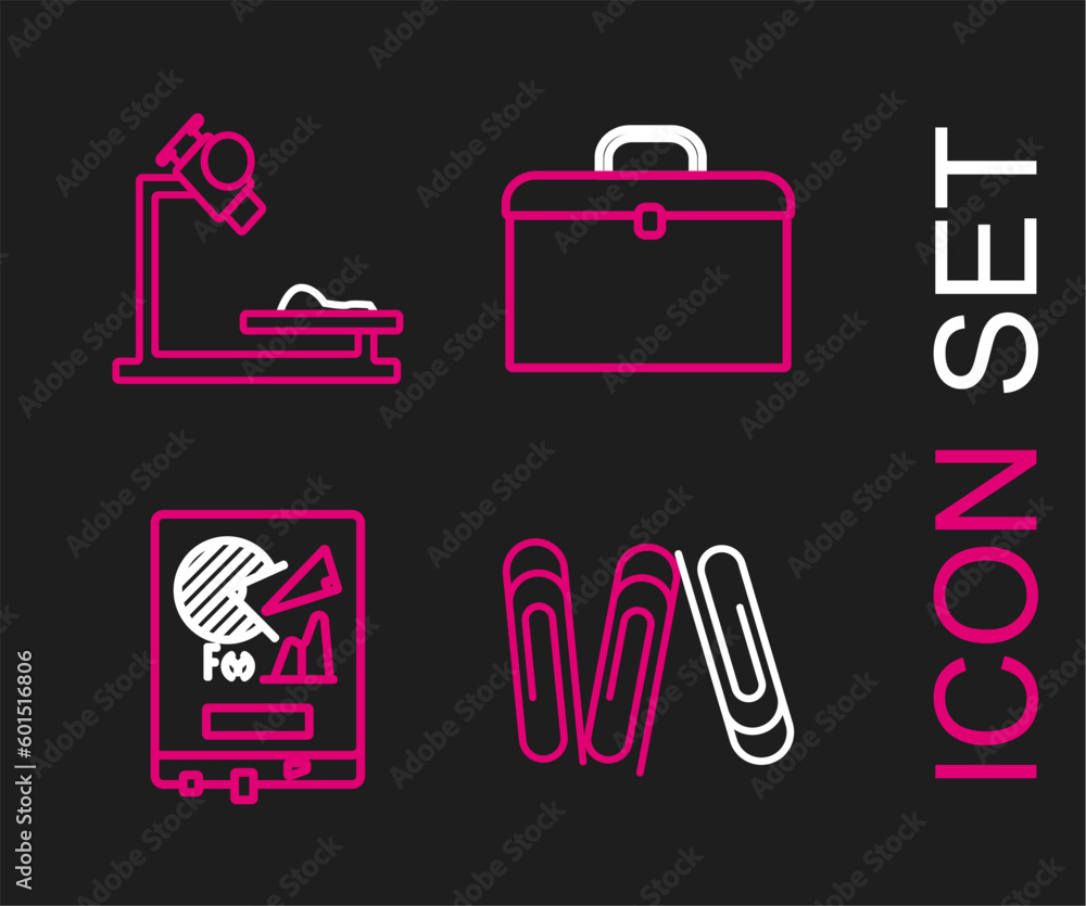 Poster set line paper clip, board with graph chart, briefcase and microscope icon. vector