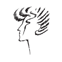 Female face hand-drawn doodle. Woman profile with the hairstyle. Suitable for barbershop design, postcards, print, emblems, and logos. Vector illustration.