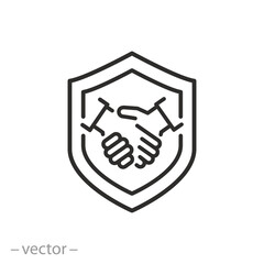 reliability icon, shield with handshake, business protection, thin line symbol on white background - editable stroke vector illustration eps10