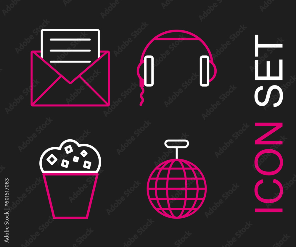 Poster set line disco ball, popcorn in cardboard box, headphones and envelope with invitation icon. vector