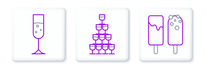 Set line Ice cream, Glass of champagne and Wine glasses stacked in pyramid tower icon. Vector
