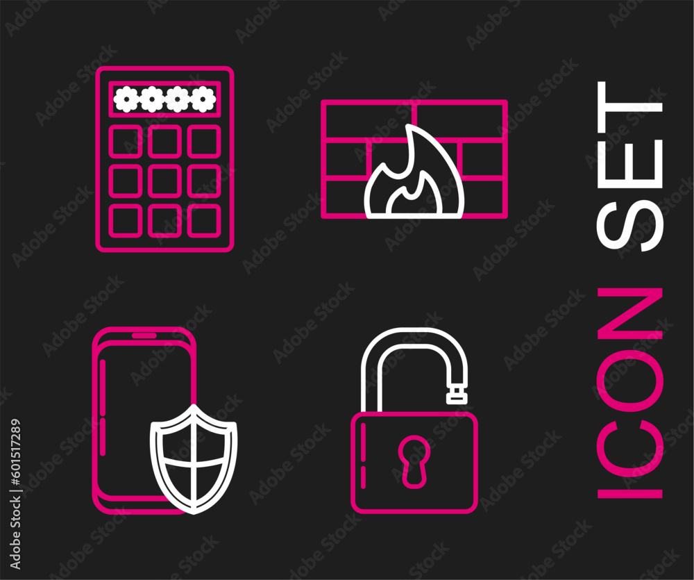Poster set line open padlock, smartphone with security shield, firewall, wall and password protection and s