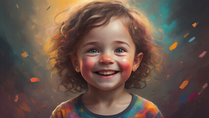 Little kid girl on abstract colorful paint background. Generative AI