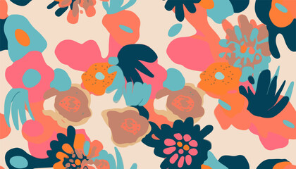 Obraz premium Cute colorful hand drawn artistic flowers print. Modern cartoon style pattern. Fashionable template for design