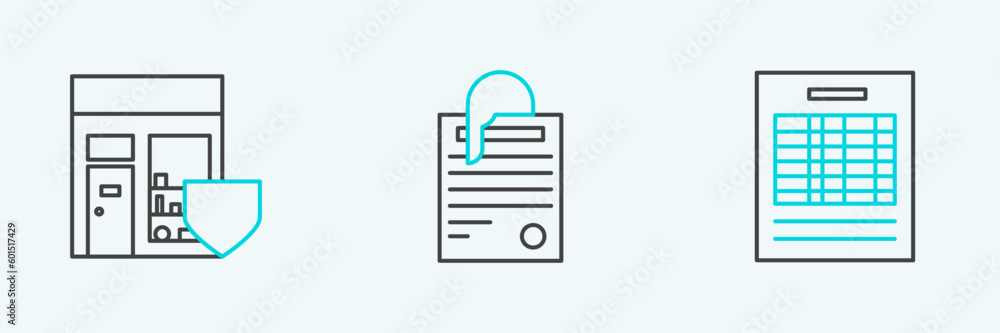 Poster set line report file document, shopping building with shield and file and paper clip icon. vector