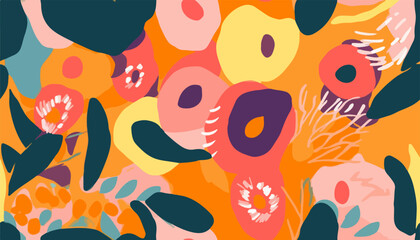 Naklejka premium Hand drawn bright cute artistic flowers print. Modern cartoon style botanical pattern. Fashionable template for design