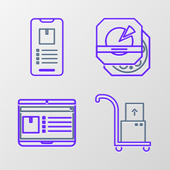 Set line Hand truck and boxes, Laptop with app delivery tracking, Pizza cardboard and Mobile phone icon. Vector