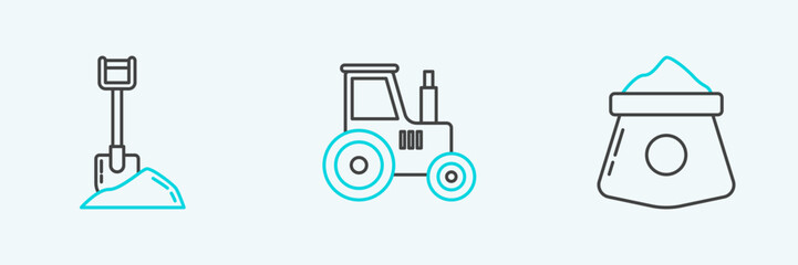 Set line Bag of flour, Shovel in the ground and Tractor icon. Vector