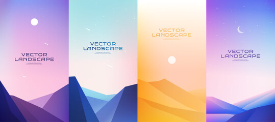 Vector illustration. Flat landscape collection. Evening scene, mountains, desert hills. Adventure tourism. Minimalist graphic flyers. Polygonal flat design for gift voucher, coupon, phone wallpapers - obrazy, fototapety, plakaty
