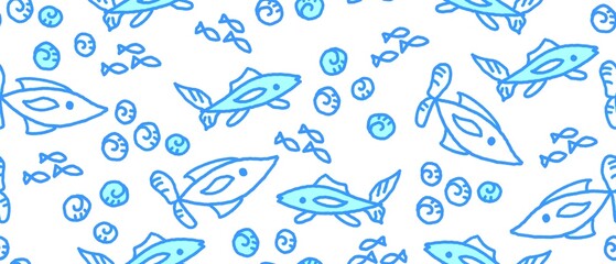 Fototapeta premium Seamless abstract animal pattern. Simple background on blue, neon blue, white colors. Illustration. Fishes, shells. Designed for textile fabrics, wrapping paper, background, wallpaper, cover.
